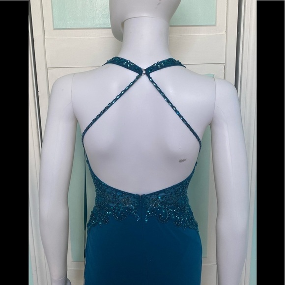 Size 0 Clarisse 8064 Peacock Teal Open Back Side Slit Dress Prom Gown NWT - Picture 5 of 5